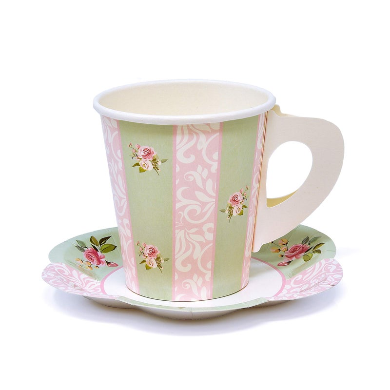 Gift Boutique 24 Disposable Tea Party Cup and Plates, Paper Teacups & Saucer with Handle for Birthday Princess Floral Tea Party Baby Shower Decoration - Image 3