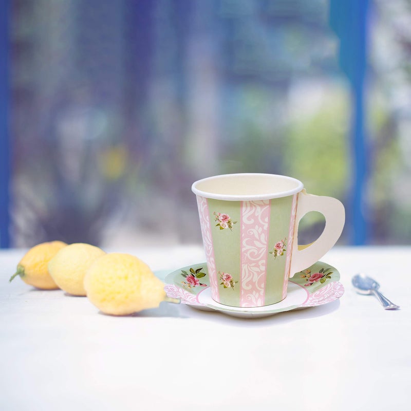Gift Boutique 24 Disposable Tea Party Cup and Plates, Paper Teacups & Saucer with Handle for Birthday Princess Floral Tea Party Baby Shower Decoration - Image 5