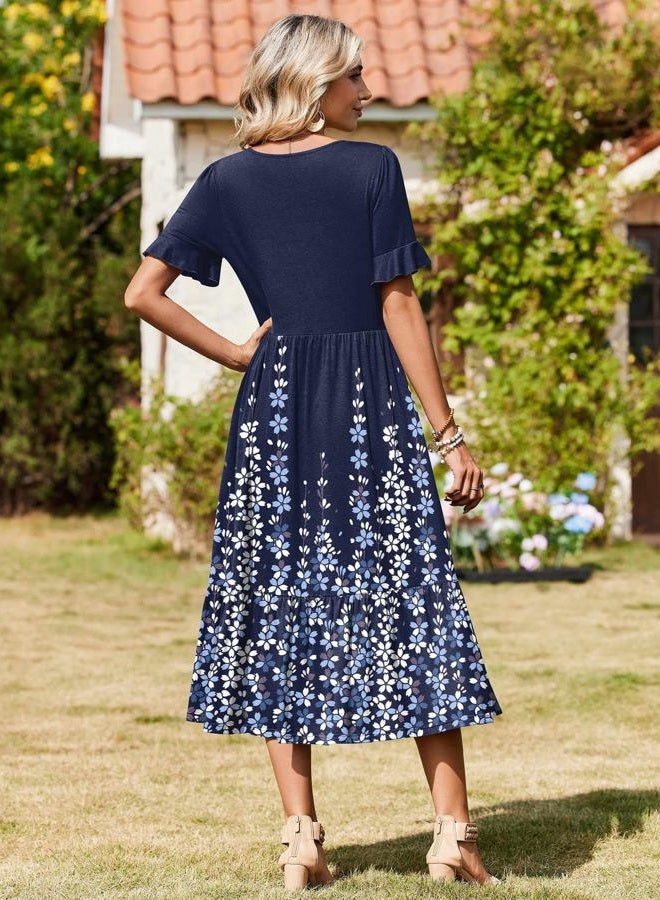 zeagoo Womens Summer Dresses 2026 Casual Midi Dress Flowy Sundress Ruffle Short Sleeve Tiered Dresses A Line Boho Dress, Navy Printed, XL - Image 2