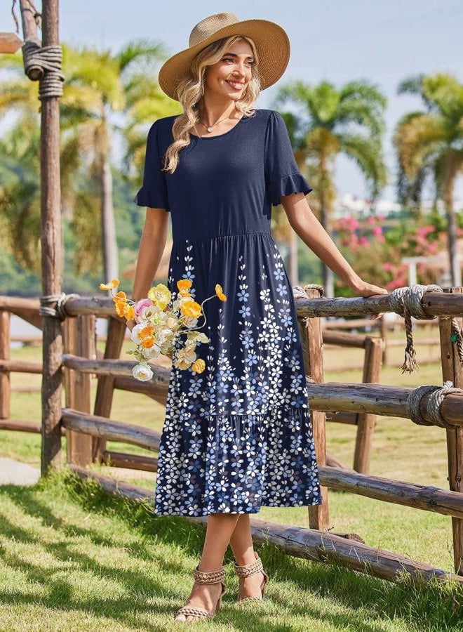 zeagoo Womens Summer Dresses 2026 Casual Midi Dress Flowy Sundress Ruffle Short Sleeve Tiered Dresses A Line Boho Dress, Navy Printed, XL - Image 4