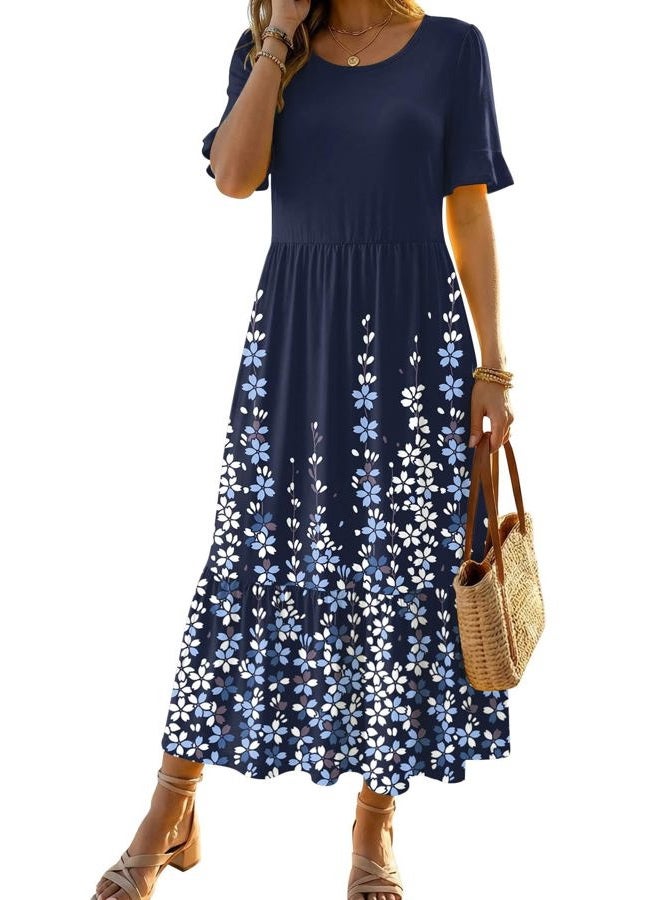 zeagoo Womens Summer Dresses 2026 Casual Midi Dress Flowy Sundress Ruffle Short Sleeve Tiered Dresses A Line Boho Dress, Navy Printed, XL - Image 1