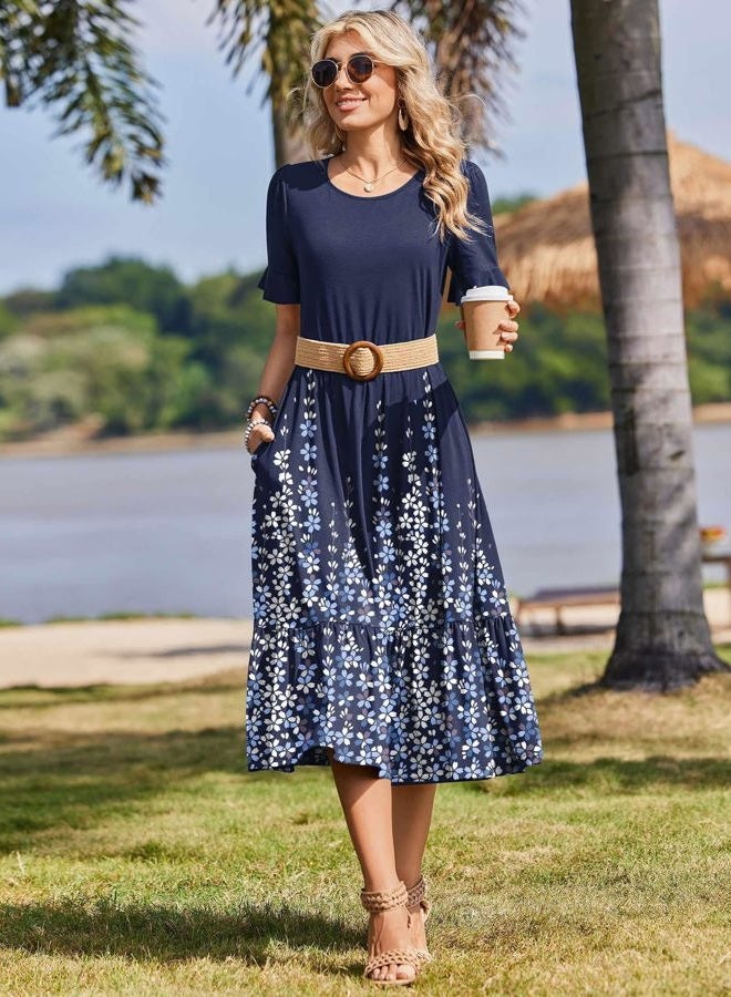 zeagoo Womens Summer Dresses 2026 Casual Midi Dress Flowy Sundress Ruffle Short Sleeve Tiered Dresses A Line Boho Dress, Navy Printed, XL - Image 5