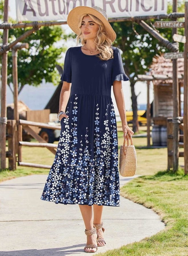 zeagoo Womens Summer Dresses 2026 Casual Midi Dress Flowy Sundress Ruffle Short Sleeve Tiered Dresses A Line Boho Dress, Navy Printed, XL - Image 3