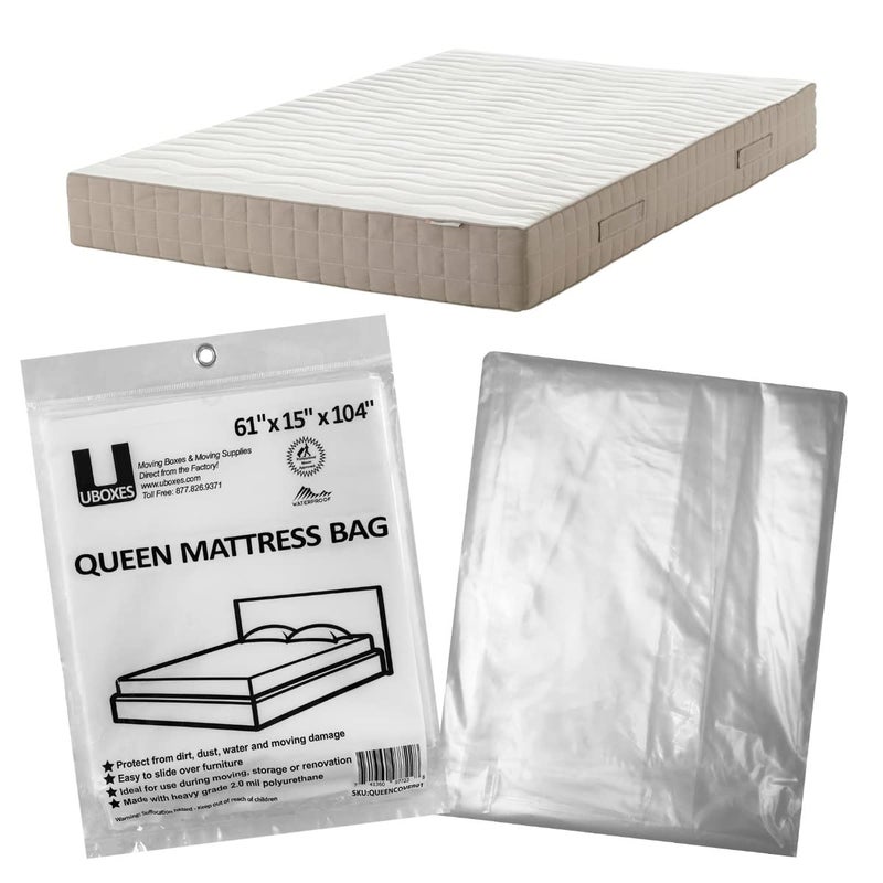 uBoxes Queen Mattress Clear Plastic Poly Covers 61 x 15 x 104 inch Heavy Duty 2 mil 1 Pack