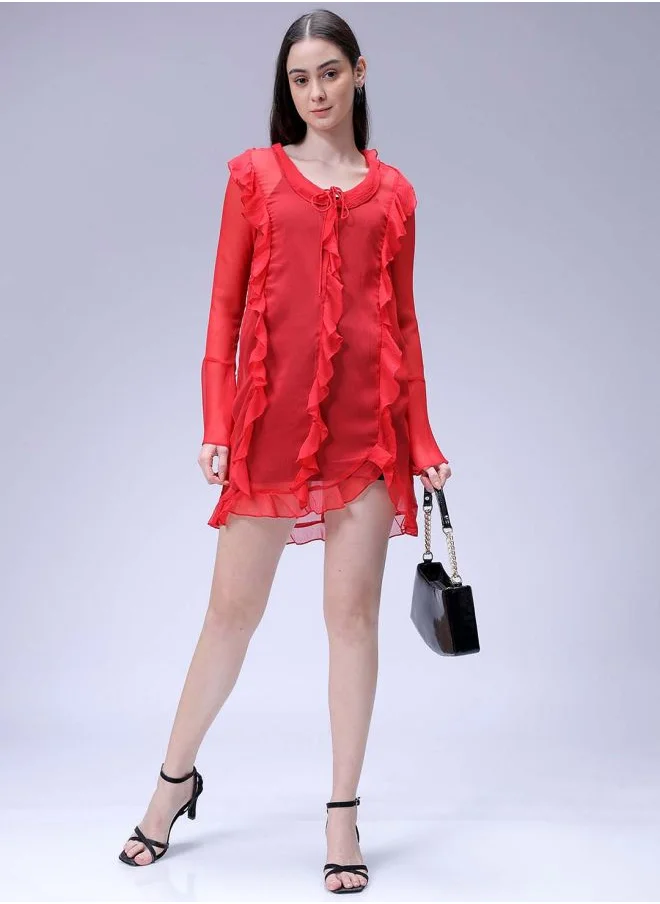 مرفوعة Women A-Line Casual Solid Ruffle Dress