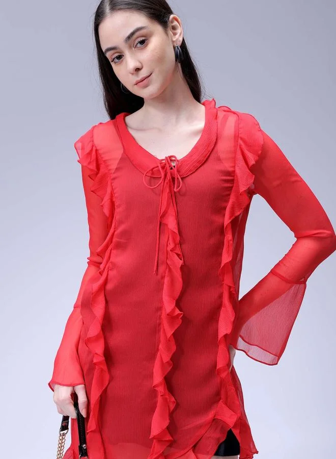 مرفوعة Women A-Line Casual Solid Ruffle Dress