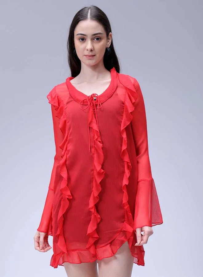 مرفوعة Women A-Line Casual Solid Ruffle Dress