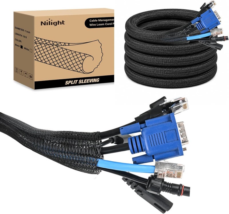 Nilight Cable Sleeve, 10ft-1inch Cable Management Sleeves, Braided Cable Sleeving, Split Self Wrapping Wire Loom for Computer Cable Electrical Wire Automotive Harness Protector Organizer, Black - Image 1
