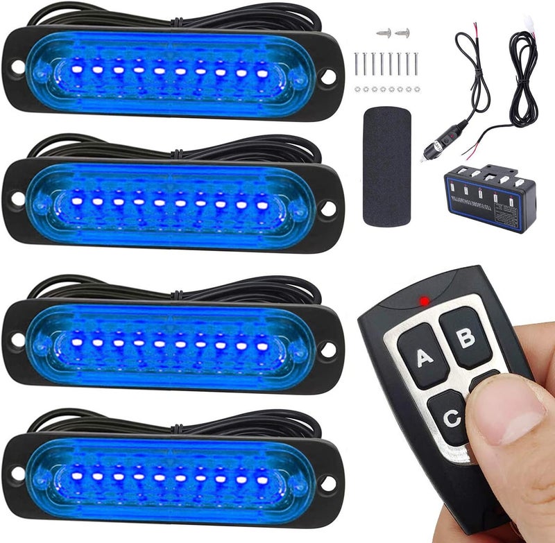 EASE2U E Led Warning Lights, 4pcs Emergency Warning Caution Hazard Construction Ultra Slim Sync Feature Car Truck with Main Control Box Surface Mount (Blue) - Image 1