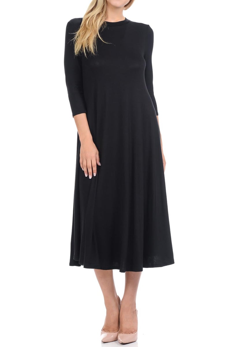 iconic luxe Women's Swing Midi Dress – 3/4 Sleeve Flowy A-Line Tunic – Soft, Stretchy, Comfortable, and Versatile Casual Dress for Everyday Wear Large Black - Image 2