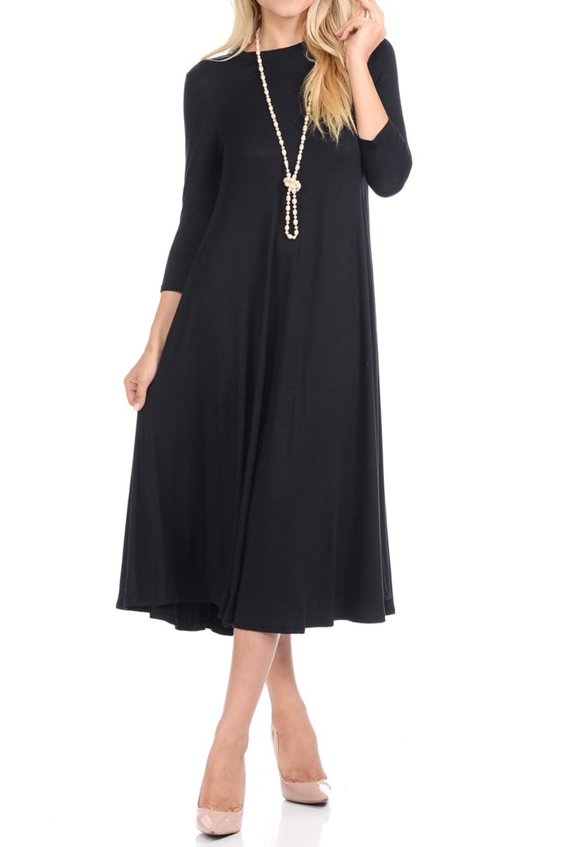 iconic luxe Women's Swing Midi Dress – 3/4 Sleeve Flowy A-Line Tunic – Soft, Stretchy, Comfortable, and Versatile Casual Dress for Everyday Wear Large Black - Image 1