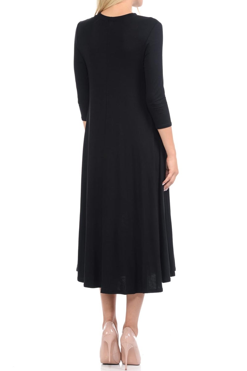 iconic luxe Women's Swing Midi Dress – 3/4 Sleeve Flowy A-Line Tunic – Soft, Stretchy, Comfortable, and Versatile Casual Dress for Everyday Wear Large Black - Image 4