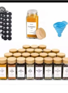 A 24-piece spice set with small stickers to classify spices. The jars are made of high-quality glass with a tightly sealed wooden lid