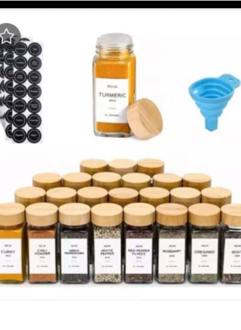 Generic - A 24-piece spice set with small stickers to classify spices. The jars are made of high-quality glass with a tightly sealed wooden lid - Image 1