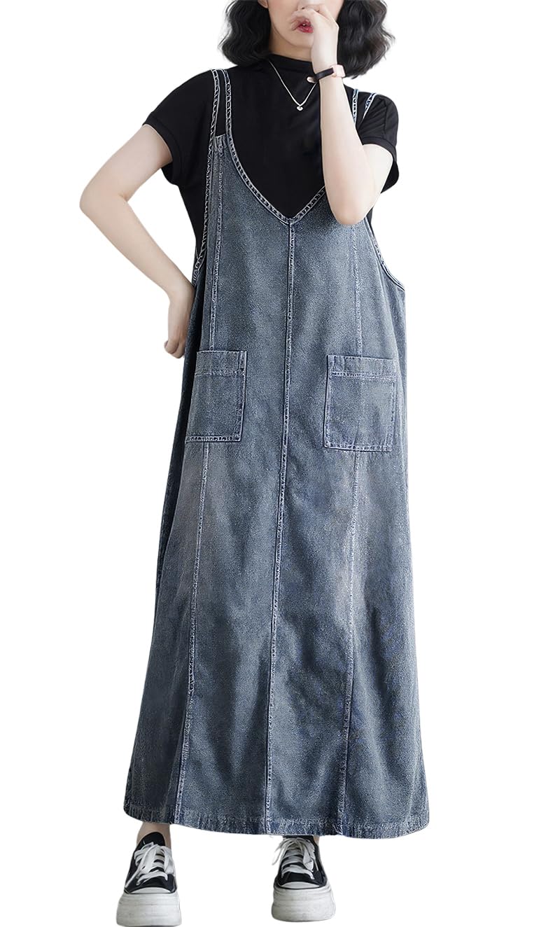 ebossy Womens Sleeveless V Neck Denim Overall Jumper Dress Casual Loose Double Spaghetti Straps Midi Jean Dress M BlueMaxi
