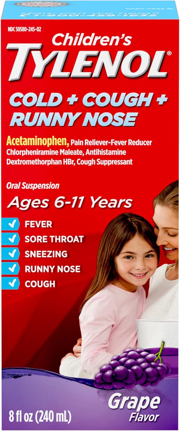 Tylenol Childrens Cold Cough Runny Nose Acetaminophen Pain Fever Relief Chlorpheniramine Maleate Antihistamine Dextromethorphan HBr Cough Suppressant Grape liquid 8 fl Oz - Image 1