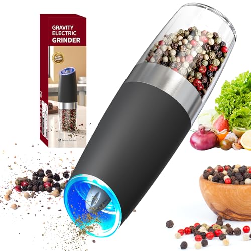 CIRCLE JOY Gravity Electric Pepper Grinder Salt Grinder Pepper Griner Mill Electric with LED Light Battery Operated Adjustable Coarseness Washable 135ml Container 1 Pcs