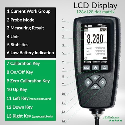 VVV-Group Coating Thickness Gauge CM-208Z Professional Industrial Paint Meter with External Probe/Measuring Range: 0~120mils (0~3000 um) / Resol: 0.001mils / PC Connection - Image 3