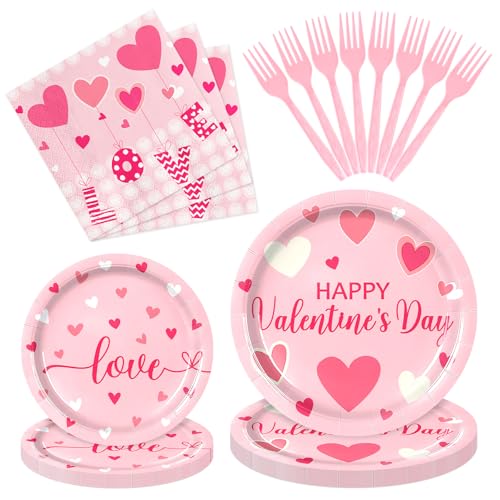 SpinLaLa 96 Pieces Valentine’s Day Tableware Set – Pink Heart Disposable Plates, Napkins, and Forks with “Love” and “Happy Valentine’s Day” Designs for Romantic Dinners, Weddings, and Parties – Serves 24 - Image 1