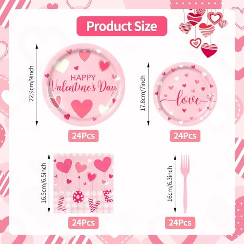 SpinLaLa 96 Pieces Valentine’s Day Tableware Set – Pink Heart Disposable Plates, Napkins, and Forks with “Love” and “Happy Valentine’s Day” Designs for Romantic Dinners, Weddings, and Parties – Serves 24 - Image 2