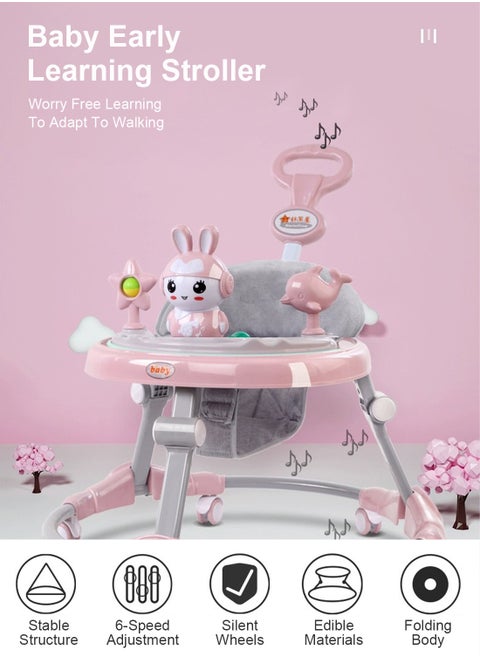 Multifunctional Baby Walker with Adjustable Height Detachable Music Board Slient Wheel Smooth Sliding with Linen Seat Cushion for Baby Early Learing Stroller