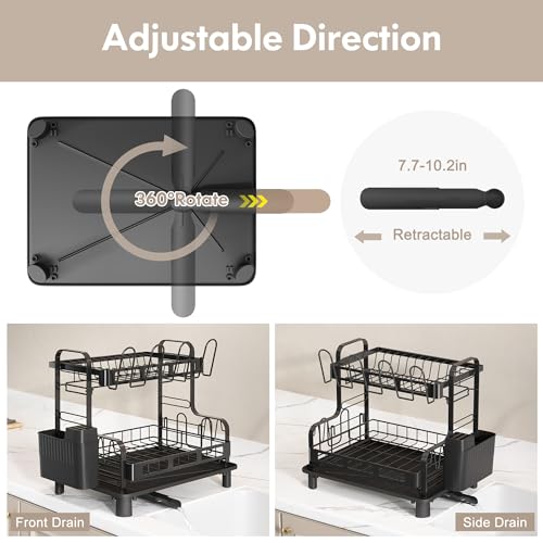 BOOSINY Dish Drying Rack, 2 Tier Large Stainless Steel Black Dish Rack with Drainboard Set for Kitchen Counter, Space Saving Plates Drainer Rack with Cups Holder & Utensil Holder, Dish Strainer Holder - Image 3