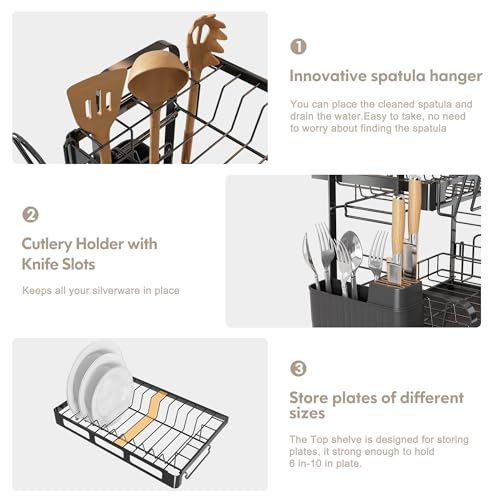 BOOSINY Dish Drying Rack, 2 Tier Large Stainless Steel Black Dish Rack with Drainboard Set for Kitchen Counter, Space Saving Plates Drainer Rack with Cups Holder & Utensil Holder, Dish Strainer Holder - Image 5