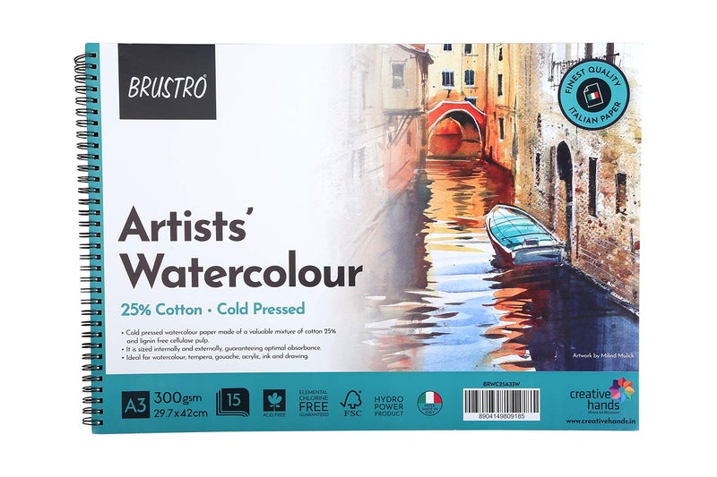 BRUSTRO Artist 25% Cotton Watercolour Paper Pad, Wiro Cold Pressed, 300 GSM A3-15 Sheets. Perforated Pages. - Image 5