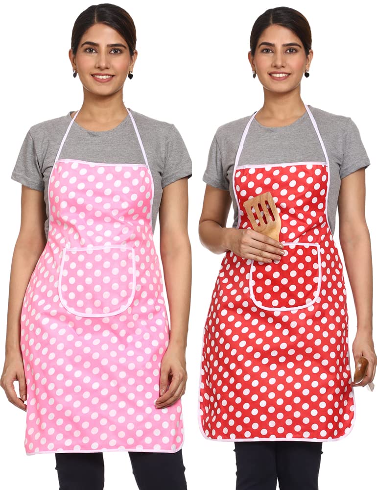 JMi Polyester Fabric Polka Dot Waterproof Apron with Long Ties & Multipurpose Large Pocket Free Size For Cooking Dusting Home Kitchen Restaurant Multipurpose for Men & Women Unisex Apron. (Pack of 2) - Image 1