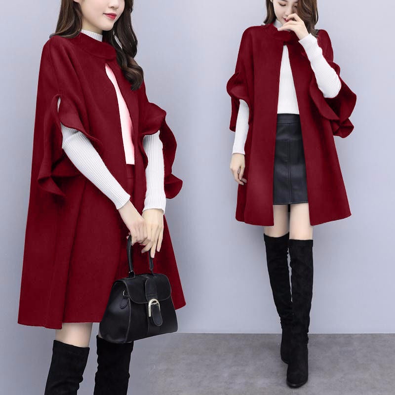 New Womens Clothing Large Size Mid-length Woolen Coat for Spring, Autumn and Winter Womens Red British A- Line Cloak Woolen Coat Burgundy 