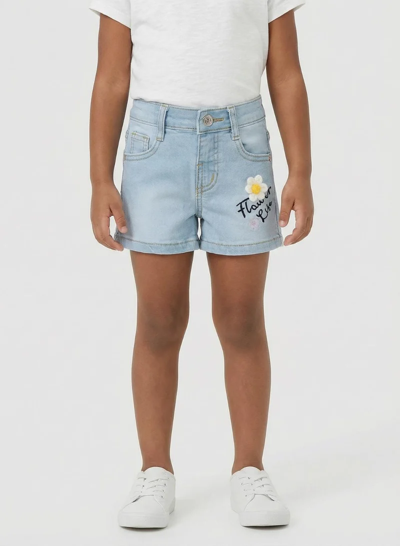 بيبي كلو Girls Light Blue Floral Embroidered Denim Shorts