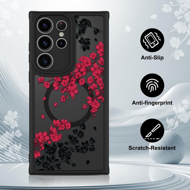OOK Case Fit for Samsung Galaxy S23 Ultra 6.8 Inch (Wireless Charging Compatible) Red Floral Flowers Design Translucent Phone Cover Soft TPU + Hard PC Anti-Scratch Shockproof Magnetic Case for Women - Image 5