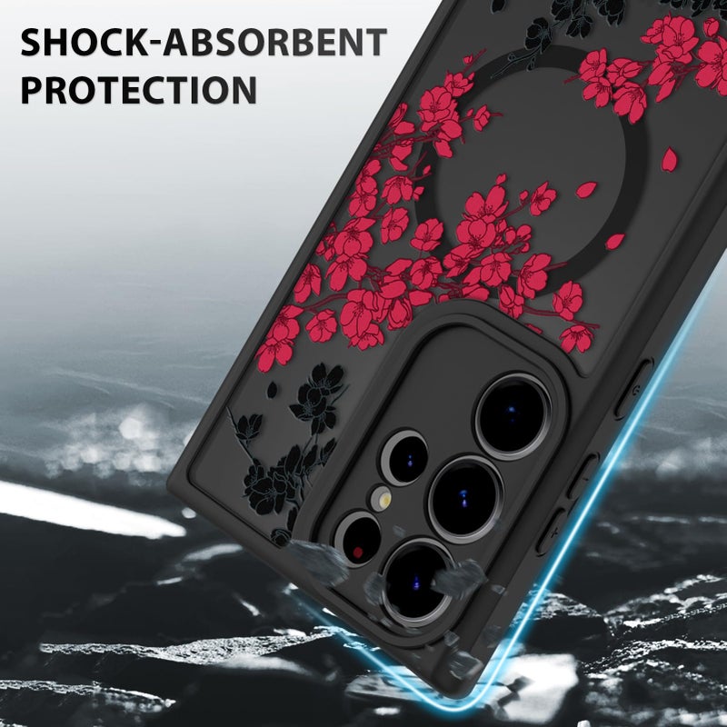 OOK Case Fit for Samsung Galaxy S23 Ultra 6.8 Inch (Wireless Charging Compatible) Red Floral Flowers Design Translucent Phone Cover Soft TPU + Hard PC Anti-Scratch Shockproof Magnetic Case for Women - Image 4