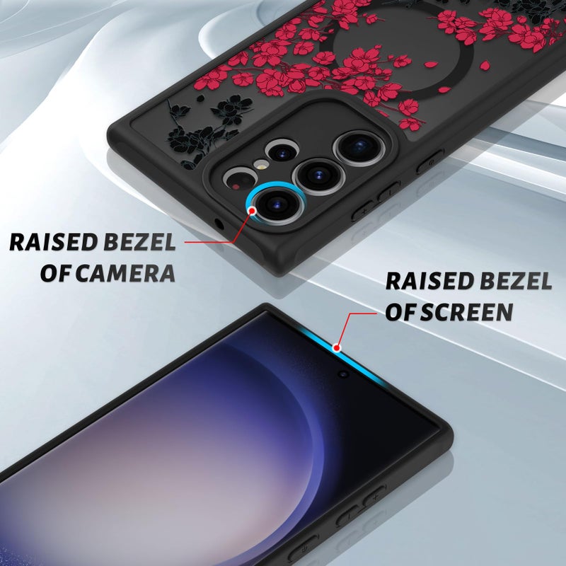 OOK Case Fit for Samsung Galaxy S23 Ultra 6.8 Inch (Wireless Charging Compatible) Red Floral Flowers Design Translucent Phone Cover Soft TPU + Hard PC Anti-Scratch Shockproof Magnetic Case for Women - Image 3