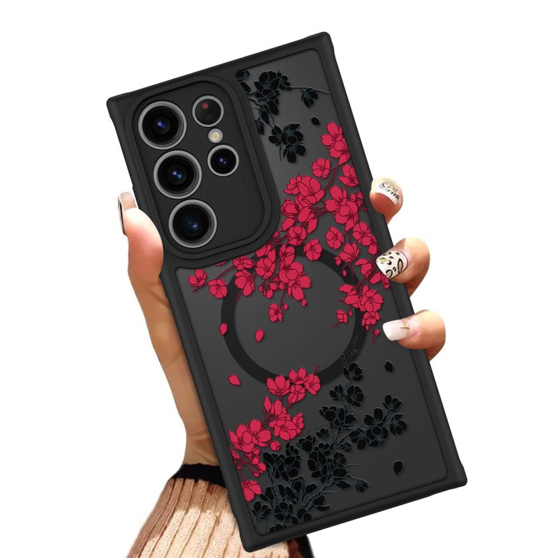 OOK Case Fit for Samsung Galaxy S23 Ultra 6.8 Inch (Wireless Charging Compatible) Red Floral Flowers Design Translucent Phone Cover Soft TPU + Hard PC Anti-Scratch Shockproof Magnetic Case for Women - Image 1