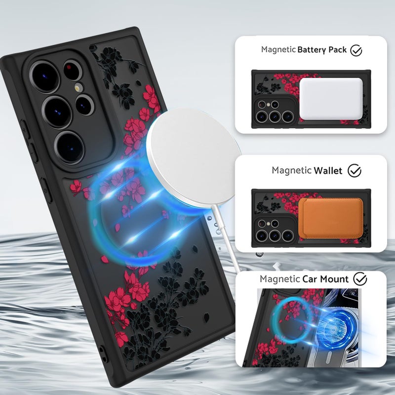 OOK Case Fit for Samsung Galaxy S23 Ultra 6.8 Inch (Wireless Charging Compatible) Red Floral Flowers Design Translucent Phone Cover Soft TPU + Hard PC Anti-Scratch Shockproof Magnetic Case for Women - Image 2