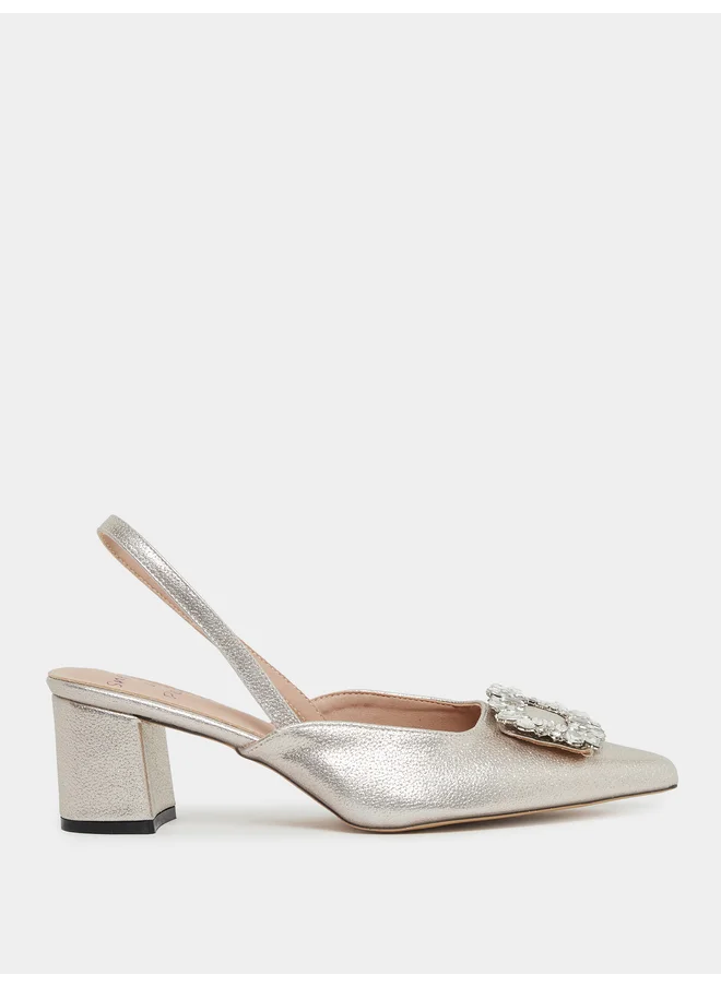 سنيك ايه بيك Sneak-a-Peek Rhinestone Buckle Detail Block Heel Slingback Shoes