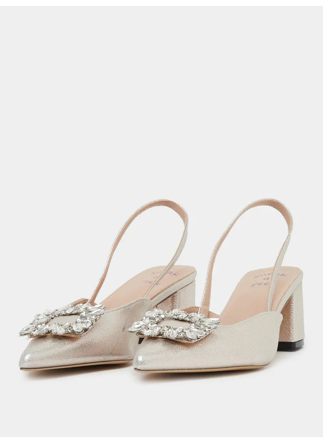 سنيك ايه بيك Sneak-a-Peek Rhinestone Buckle Detail Block Heel Slingback Shoes