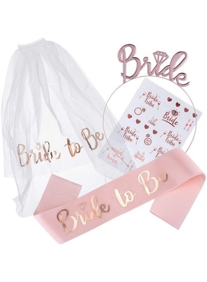 Bride to Be Decoration Set ，4 PCS Bride Sash Bride Headband Tiara, Veil, Bride Stickers for Wedding Gifts Decorations Wedding 