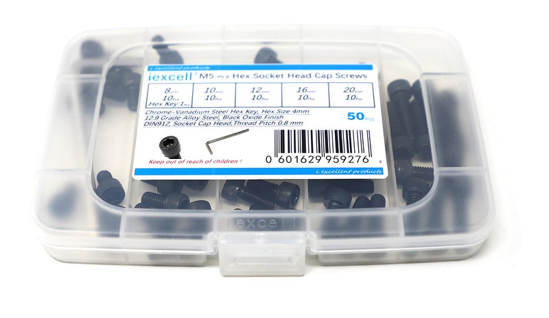 Iexcell 50 Pcs M5 X 8/10/12/16/20 Alloy Steel 12.9 Grade Hex Socket Head Cap Screws Bolts Assortment Kit Black Oxide Finish - Image 1
