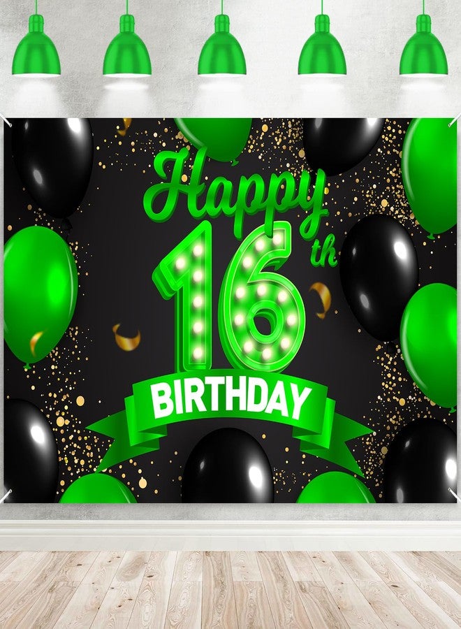 DZTRELFK Happy 16th Birthday Green and Black Banner Backdrop Cheers to 16 Years Old Confetti Balloons Theme Decor Decorations for Girls 16 Years Old Birthday Party Bday Supplies Background Gift Glitter - Image 1