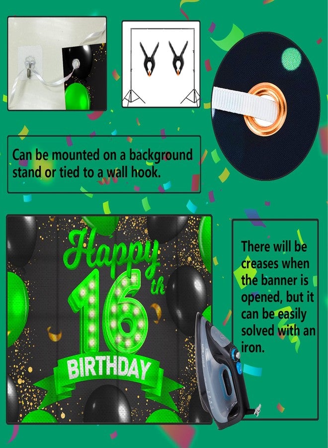 DZTRELFK Happy 16th Birthday Green and Black Banner Backdrop Cheers to 16 Years Old Confetti Balloons Theme Decor Decorations for Girls 16 Years Old Birthday Party Bday Supplies Background Gift Glitter - Image 5