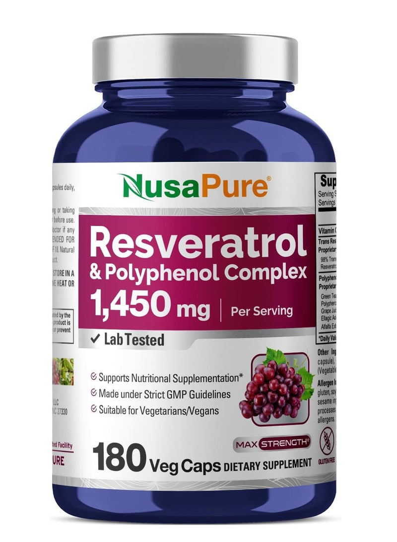 NusaPure Resveratrol & Polyphenol Complex 1450mg 180 Vegetarian Caps (Non-GMO, Gluten Free) Vitamin C - Image 1
