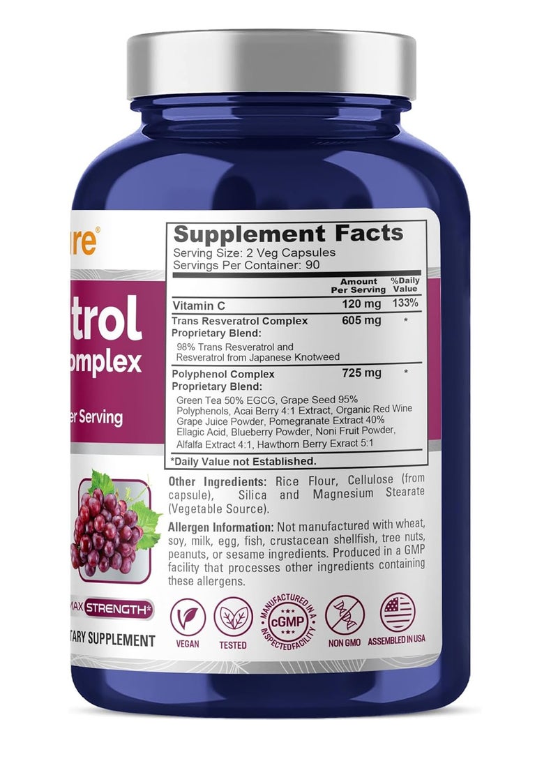 NusaPure Resveratrol & Polyphenol Complex 1450mg 180 Vegetarian Caps (Non-GMO, Gluten Free) Vitamin C - Image 2