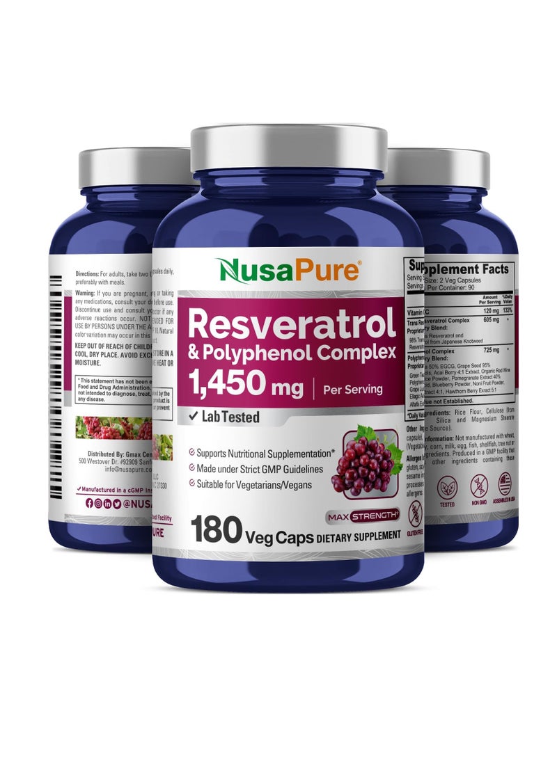 NusaPure Resveratrol & Polyphenol Complex 1450mg 180 Vegetarian Caps (Non-GMO, Gluten Free) Vitamin C - Image 3