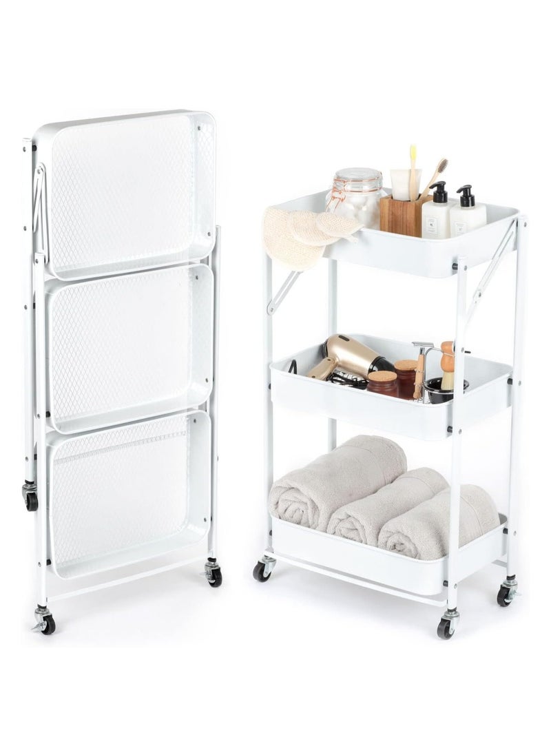 Chulovs - 3 Tiers Foldable Storage Trolley Cart office cart Kitchen utility carts Foldable Rolling Carts Trolley with Locking Wheels for Kitchen Multi-purpose Shelving Organizer storage rack - Image 1