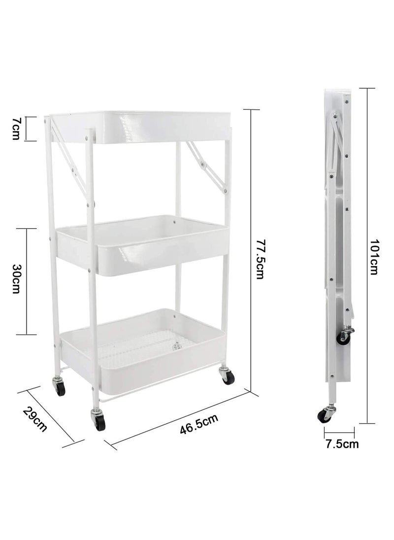 Chulovs - 3 Tiers Foldable Storage Trolley Cart office cart Kitchen utility carts Foldable Rolling Carts Trolley with Locking Wheels for Kitchen Multi-purpose Shelving Organizer storage rack - Image 1