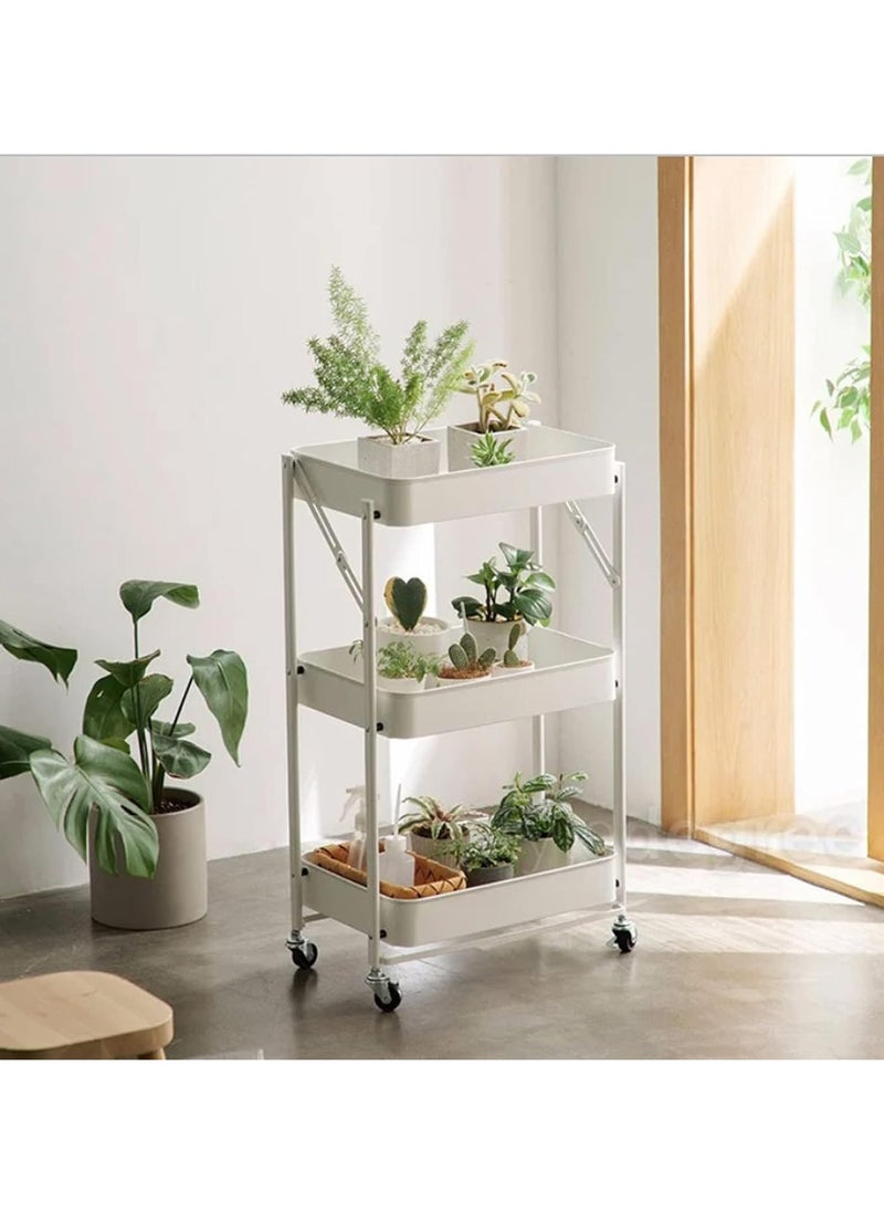 Chulovs - 3 Tiers Foldable Storage Trolley Cart office cart Kitchen utility carts Foldable Rolling Carts Trolley with Locking Wheels for Kitchen Multi-purpose Shelving Organizer storage rack - Image 1