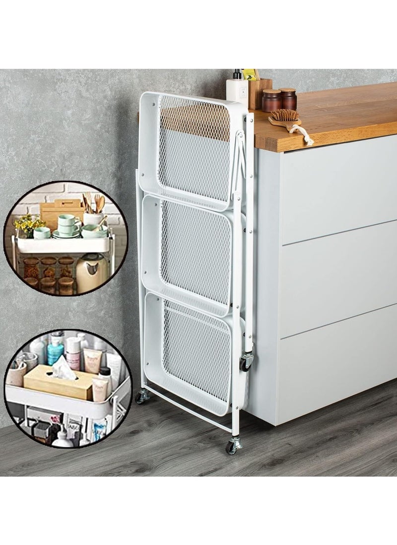 Chulovs - 3 Tiers Foldable Storage Trolley Cart office cart Kitchen utility carts Foldable Rolling Carts Trolley with Locking Wheels for Kitchen Multi-purpose Shelving Organizer storage rack - Image 1