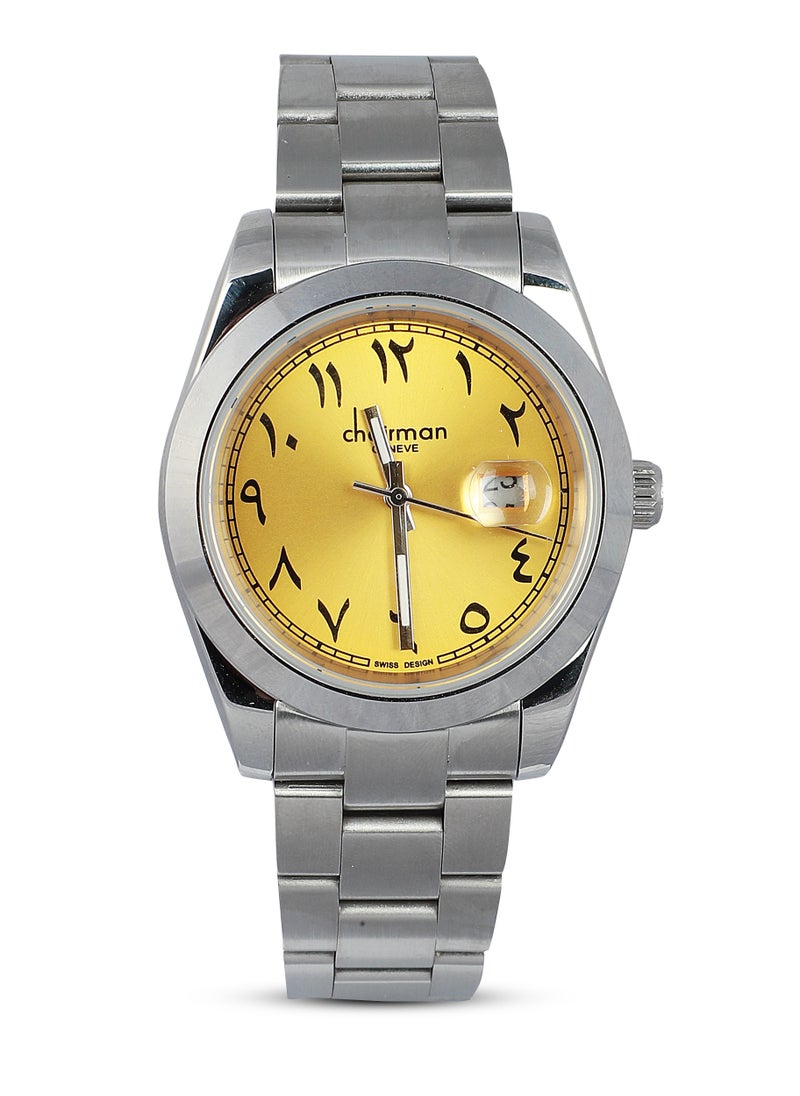 Men's Stainless Steel Wrist Watch with Yellow Dial and Arabic Numbers - pzsku/ZA4B9F5204A006BD88D17Z/45/_/1697478722/ed79d599-f2f4-4b52-b560-4138dd6a5b87